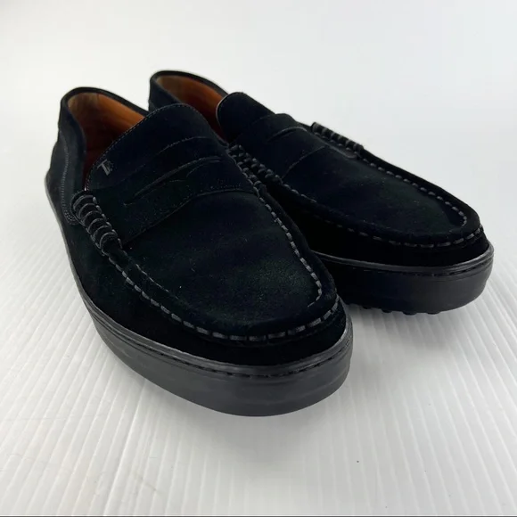 Tods Black Suede Vibram Driving Penny Loafers Shoes - Picture 2 of 7